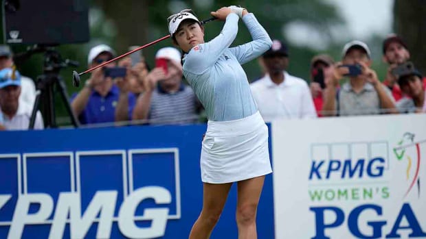 Rose Zhang tees off on the 15th hole during the final round of the 2023 Women's PGA Championship in Springfield, N.J.